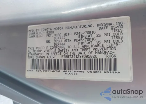 2000 Toyota Tundra Sr5 V8 из США, поврежденный, VIN 5TBRT3412YS095620